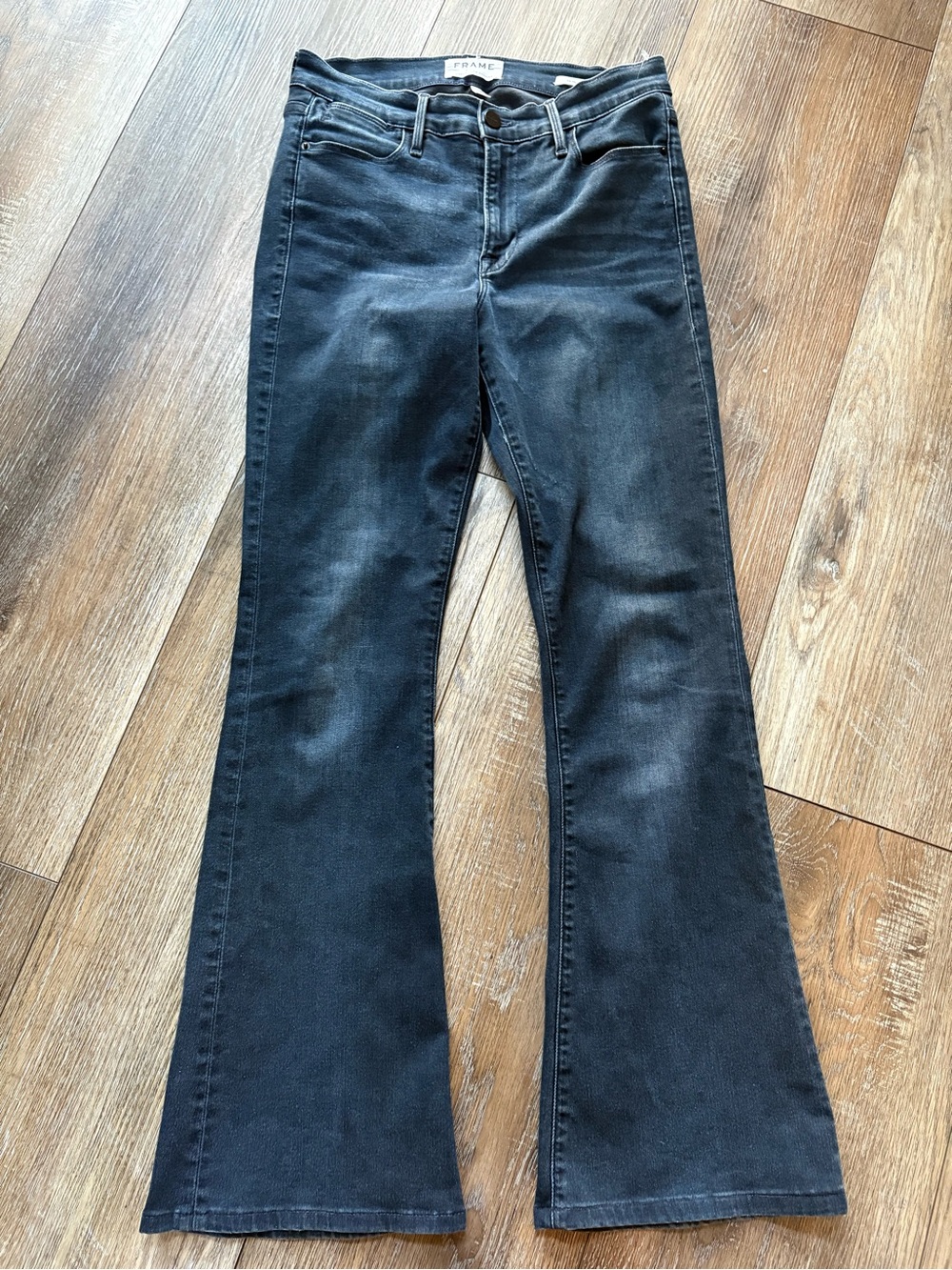 Frame Denim High-Rise Flare Jeans in Black Wash dark black wash 28?